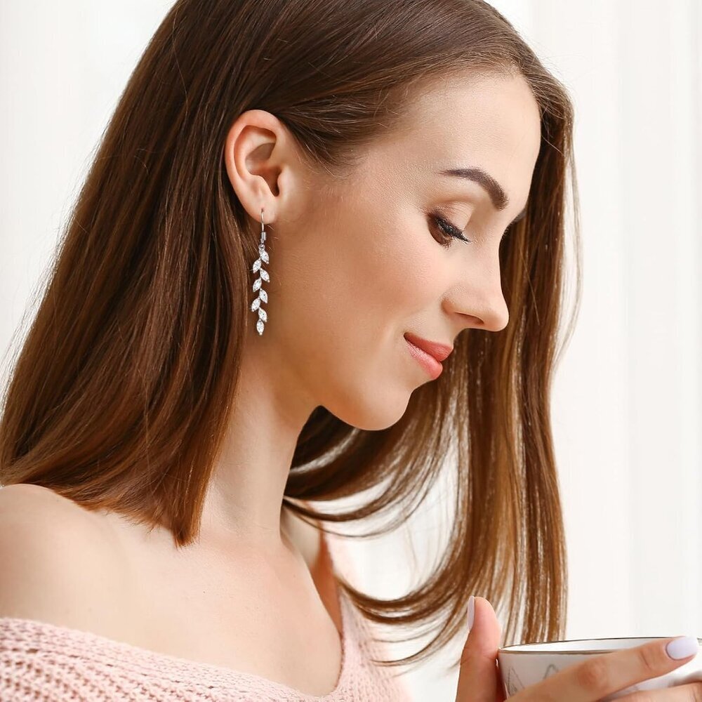Handmade Silver Leaf Earrings Crystal Wedding Dangle Earrings for Brides Bridesm - Picture 3 of 8